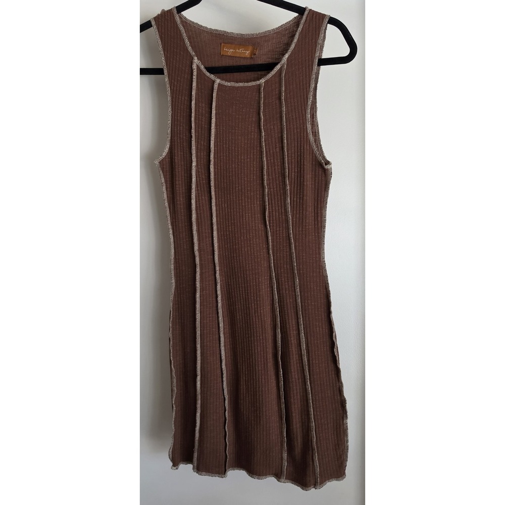 Beige Botany Sleeveless Bodycon Dress Women M Brown Ribbed Mini Stretch